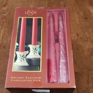 Lenox Holiday Platinum Red Candlestick Pair Set Poinsettia Pattern With Tapers